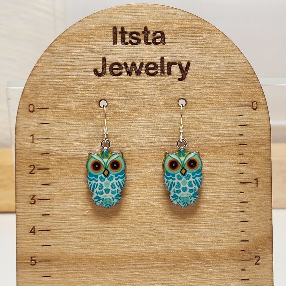 Owl Earrings Blue Owl Charm Drop on Sterling Silver French Earwires New - Picture 4 of 6